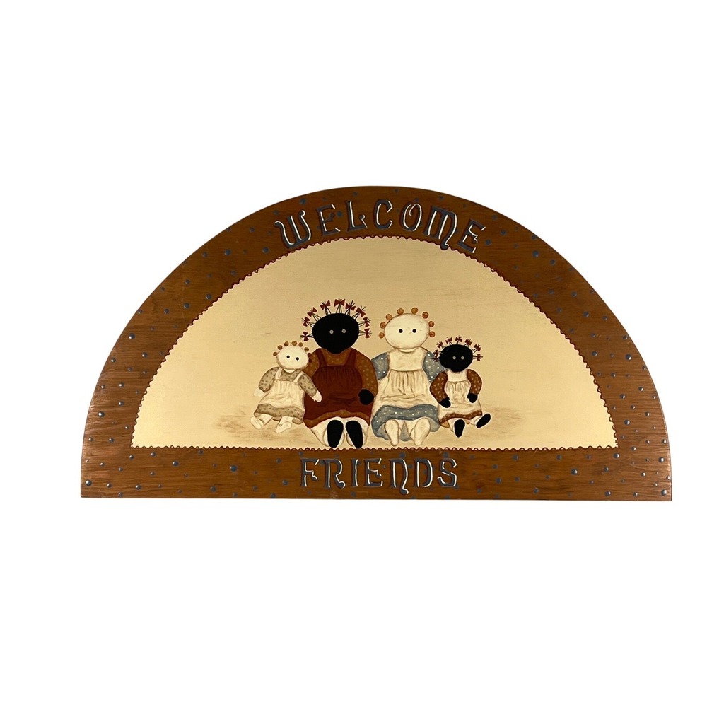 Vintage Welcome Friends Wooden Wall Sign Cottagecore Hand Painted Folk Art Wall